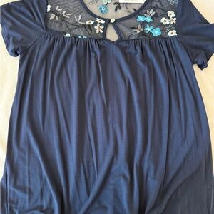 Cha Cha Vente Women’s Blue Top Sheer Upper & Embroidery Flowers Sz L Petite E36